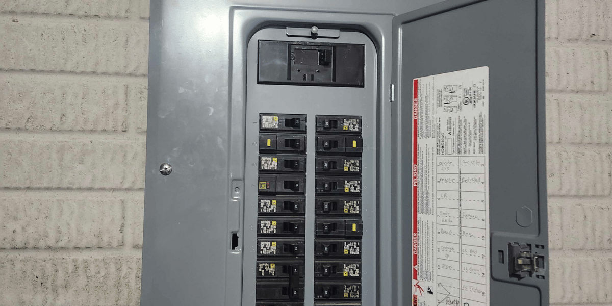 Indoor electrical breaker panel with multiple breakers visible and labeled circuits on the inside of the door.