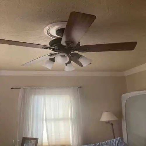 Ceiling fan with attached light fixtures installed in a bedroom with beige walls and natural lighting.