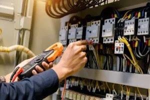 Electrician using a multimeter to test voltage on an electrical panel with multiple circuit breakers.