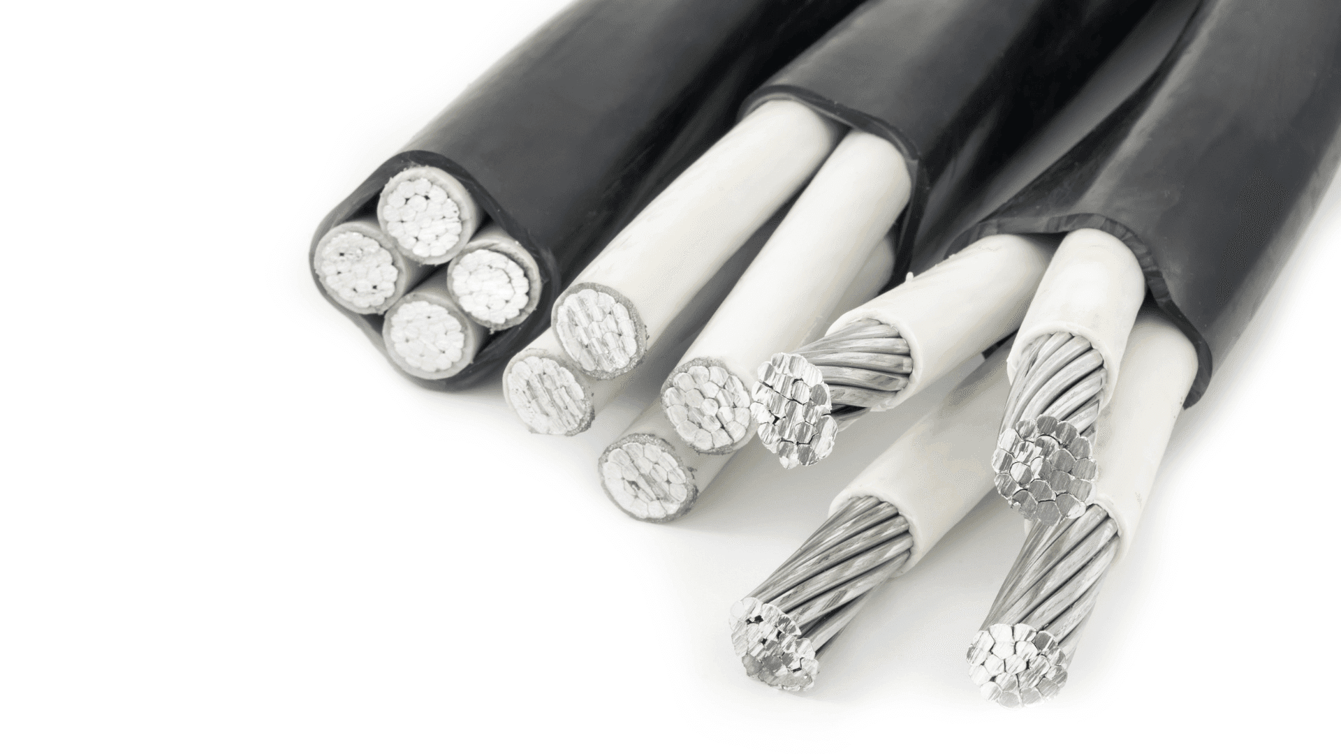 Close-up of aluminum electrical service entrance cables with black insulation, commonly used for residential power connections.