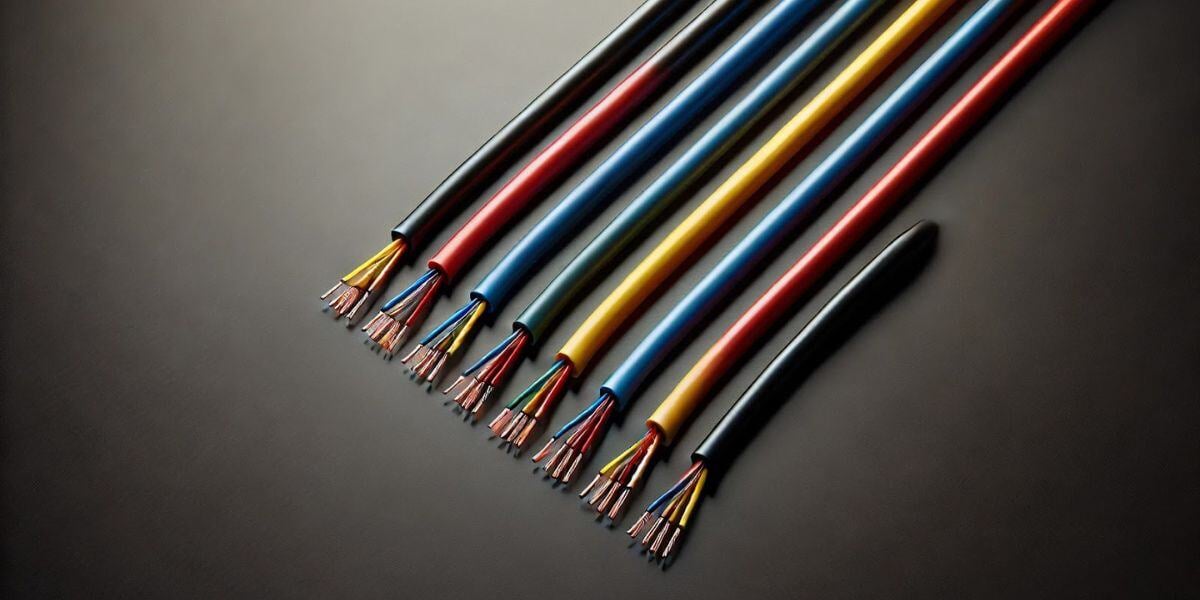 Close-up of colorful electrical wires with exposed copper strands arranged neatly on a dark surface.