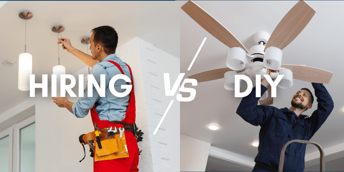 Electrician installing pendant light fixture professionally versus homeowner doing DIY ceiling fan installation, with “Hiring vs DIY” text overlay.