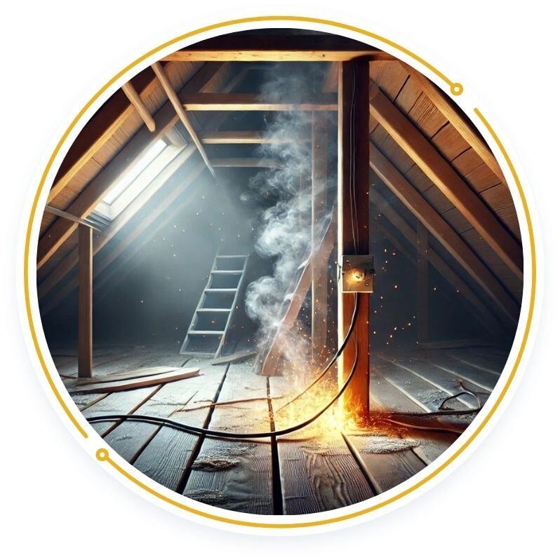 Exposed electrical wires sparking and smoking in a dim attic, creating a clear fire hazard near a wooden support beam.